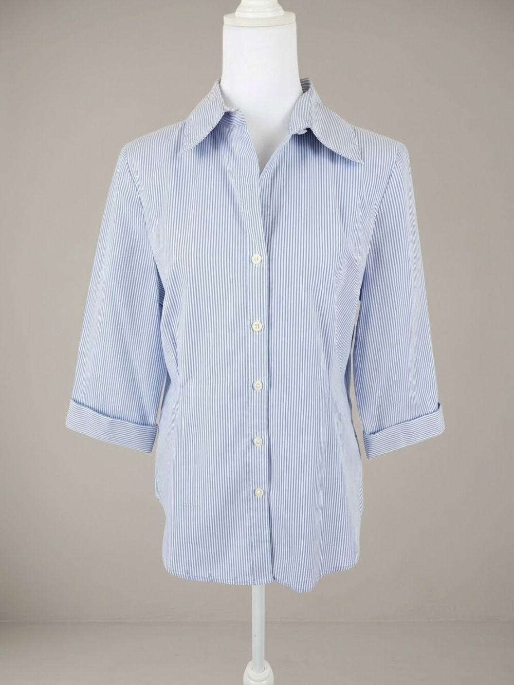 Kim Rogers Blue & White Striped 3/4 Sleeve Button Down Shirt M Preppy Office